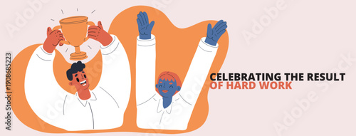 Cartoon vector illustration of people celebrating with hands raised and a trophy, symbolizing victory, achievement, and teamwork