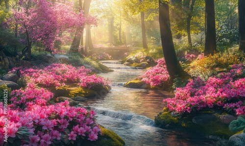 Enchanted garden with vibrant pink azaleas in full bloom, a peaceful stream winding through the scene, and sunlight filtering through the trees, magical and serene,