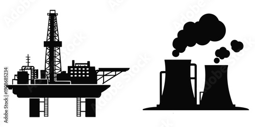 Silhouette of offshore drilling rig and cooling towers Keywords: offshore drilling rig oil rig industrial plant cooling towers