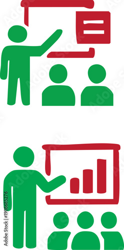 Vector illustration of a businessman and woman with a team of people icons and green house symbols.