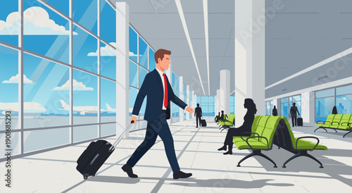 Business traveler with suitcase walking through modern airport terminal - vector illustration