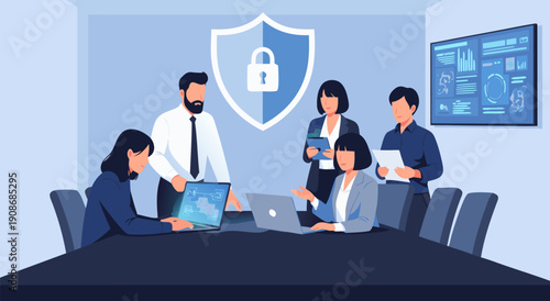 Business security vector illustration of a team in a meeting discussing data protection and network safety