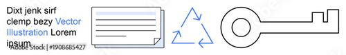 Security, recycling, documentation, circular economy, data safety, information management. A key, document and recycle symbol combined. Security and recycling concepts visually