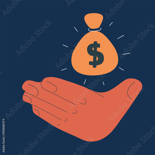 Cartoon vector illustration of a hand holding a money bag, symbolizing wealth, financial success, and prosperity