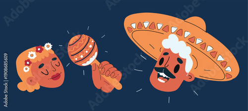 Cartoon vector illustration of a Mexican man wearing a sombrero and playing maracas with a Mexican woman, symbolizing Mexican culture, celebration, and festivity