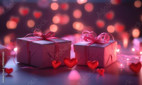 Festive gift boxes wrapped in pink and red with scattered heart-shaped decorations, placed on a pastel surface illuminated by soft warm light for a romantic holiday vibe