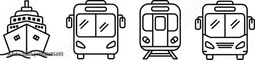 Transportation icons collection, ship, bus, train symbols, black and white vector travel illustration for public transit and commuting design