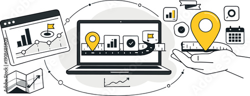 Modern minimal flat vector conceptual collage, crisp hard edges, consistent THIN outline stroke, rounded corners where needed,