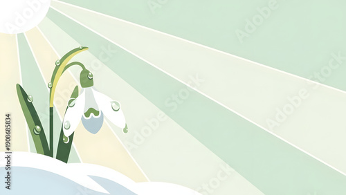 Fresh snowdrop flower with sparkling dew drops emerging from melting snow under warm sun rays for spring awakening concept and nature's renewal