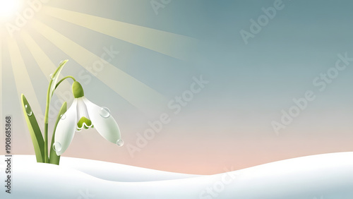 Delicate snowdrop flower emerging from fresh snow with sun rays and water drops, representing new beginning concept and spring awakening