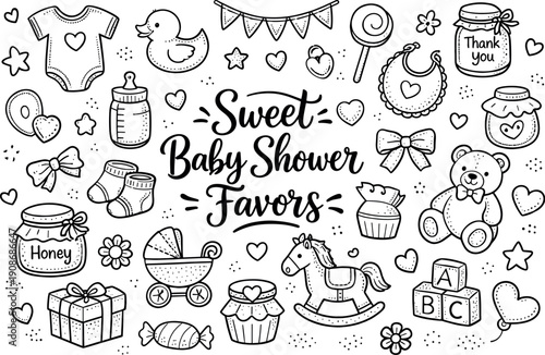 Sweet baby shower favor items, hand drawn doodle elements set, center hand-lettered title, black & white vector line art, bold