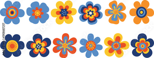 A collection of colorful flower icons in various shades of blue, orange, and yellow on a white background.