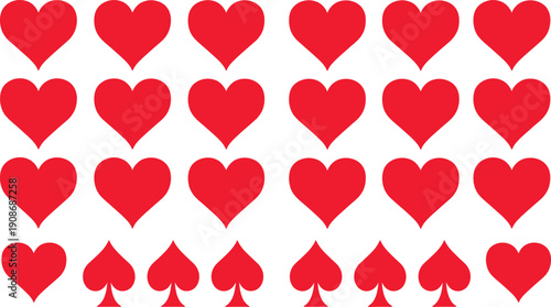 A graphic design of red hearts and spades on a white background