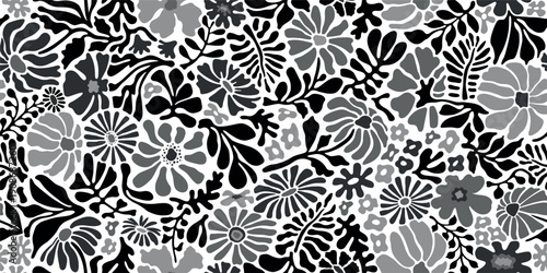 Handmade drawing seamless pattern with beautiful flowers and leaves silhouettes. Gray and black outlines of wild and garden flowers and leaves isolated on white background. Fauvism Matisse style.
