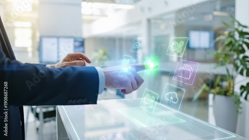 Wallpaper Mural Business with holographic cloud storage and workflow automation icons visualization. Corporate partnership agreement and digital collaboration technology for professional deal and teamwork integration Torontodigital.ca