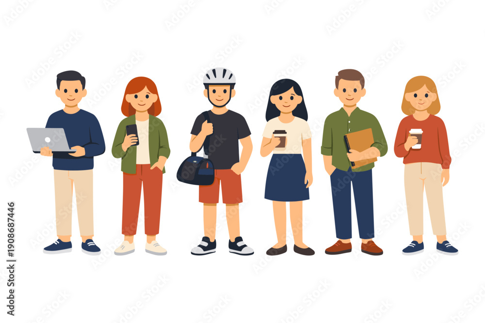 Fototapeta premium Group of diverse cartoon characters standing together with various accessories
