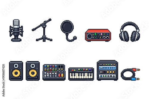 Pixel art audio equipment: microphone, headphones, mixer, synthesizer