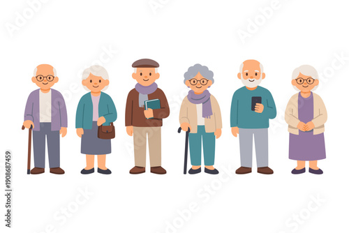 Elderly cartoon characters with diverse accessories