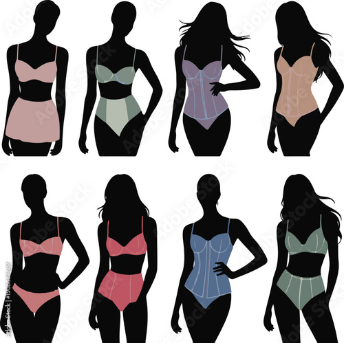 Collection of female silhouettes in vintage lingerie and shapewear vector illustrations.
