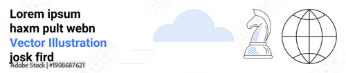 Business strategy, global communication, teamwork, networking, innovation, digital progress. Cloud, chess knight globe icon in minimalist style. Business strategy and global communication