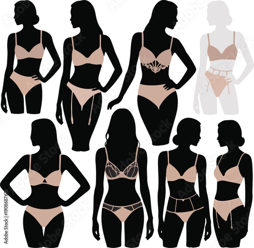 Lingerie and Underwear Fashion Illustration Set with Female Silhouettes in Nude Pink