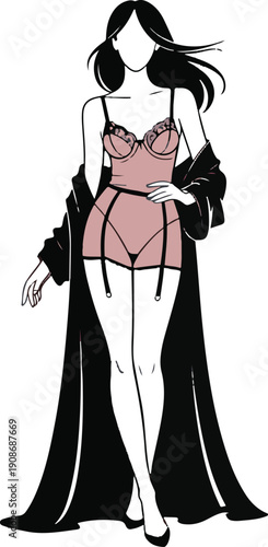 Lingerie and Intimate Apparel Fashion Illustration with Female Silhouette and Vector Underwear Icons