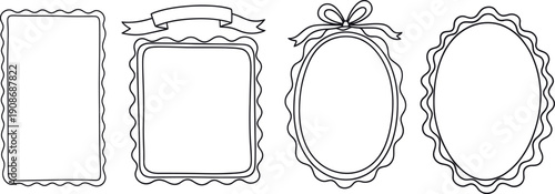 A set of four blank picture frame outlines with various decorative borders and embellishments