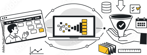 Modern minimal flat vector conceptual collage, crisp hard edges, consistent THIN outline stroke, rounded corners where needed,