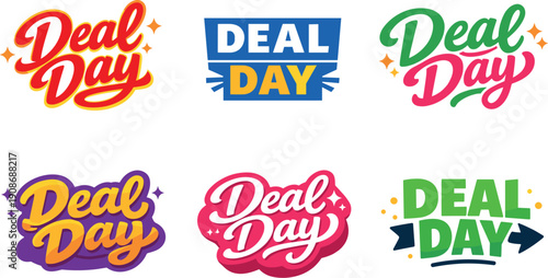 Seasonal holiday banner with promotional slogan presenting modern lettering logo set for Deal Day, sales-focused lettering