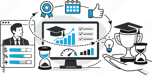 Modern minimal flat vector conceptual collage, crisp hard edges, consistent THIN outline stroke, rounded corners where needed,