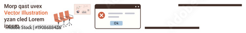 Website errors, navigation issues, user interface design, office setups, meeting spaces, corporate environment. Office chairs set up in a row alongside a browser error popup. Website errors