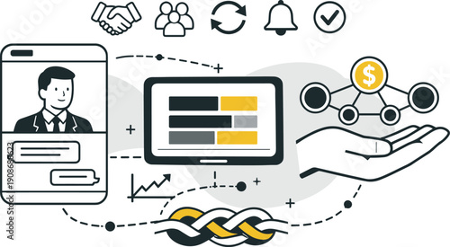 Business collaboration and financial network growth concept with icons and hand illustration