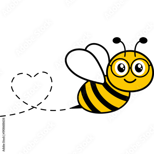 Bee flying on dotted path with heart shape. Cute honeybee character with glasses. Vector isolated illustration.