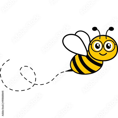 Cute bee flight on dotted path. Happy honeybee with glasses. Vector isolated illustration.