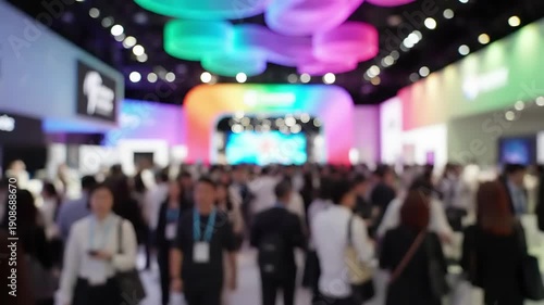 Blurred exhibition hall with crowd at tradeshow or conference event. Business expo with booths, screens, and stage. Corporate convention center with attendees and promotional displays.