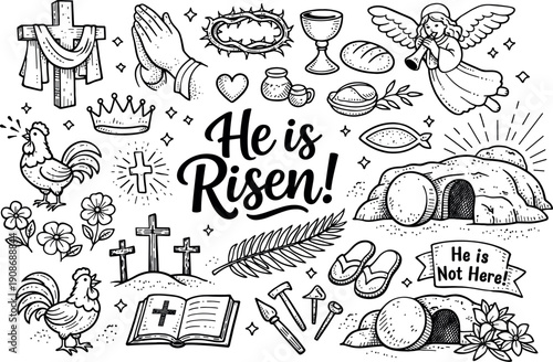 He is Risen! Easter Doodle Art with Religious Symbols and Angel