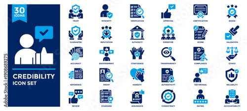 Credibility icon collection set. Containing expertise, honesty, integrity, consistency, reputation, trust icon. Flat Icon Collection. Vector illustration.
