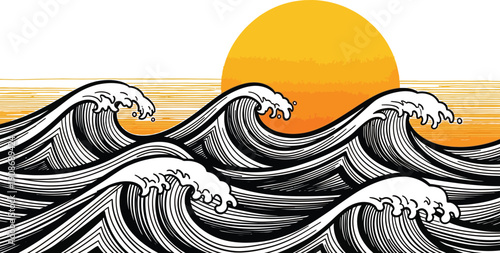 Stylized illustration of ocean waves and rising sun