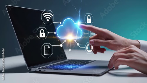 Cloud computing security concept with laptop and digital icons. Data storage, encryption, wireless connectivity, and document management network. Cybersecurity and protected information technology.