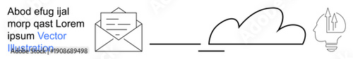 Digital communication, cloud computing, innovation, data transfer, online messaging, creative thinking. Envelope linked to cloud and lightbulb. Data transfer and cloud computing concept