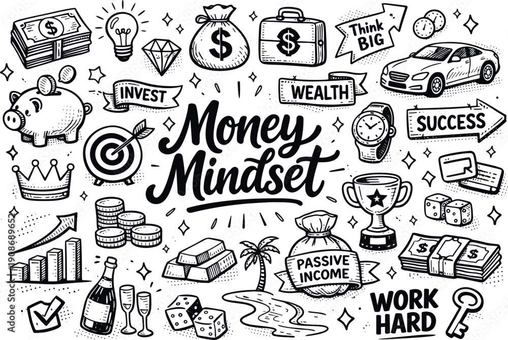 Fototapeta premium Money Mindset Doodle Art: Symbols of Wealth, Success, and Financial Growth