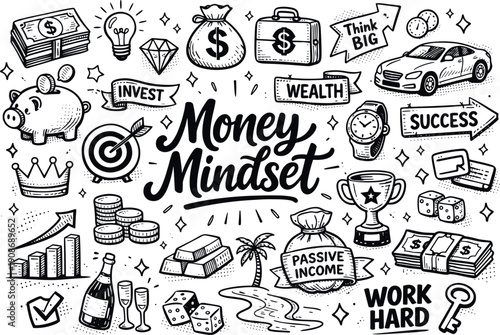 Money Mindset Doodle Art: Symbols of Wealth, Success, and Financial Growth