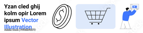 Coin with dollar sign, shopping cart icon in pastel blue, and man interacting with a digital screen. Ideal for e-commerce, online shopping, digital services, technology, business, finance simple