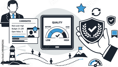 Modern minimal flat vector conceptual collage, crisp hard edges, consistent THIN outline stroke, rounded corners where needed,