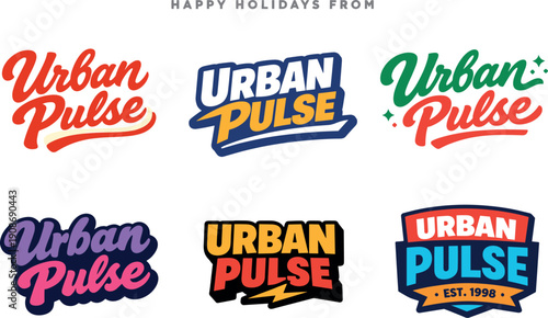 Modern holiday banner with short greeting slogan featuring modern lettering logo set for Urban Pulse, stock-ready energetic