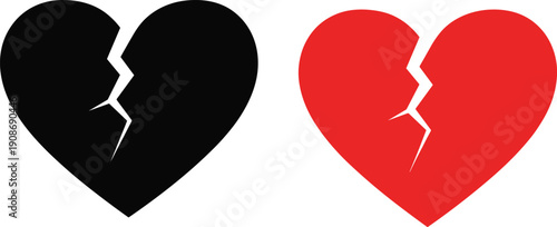 Vector illustration of broken heart icons in black and red minimalist design symbolizing love, heartbreak, emotional pain, and loss