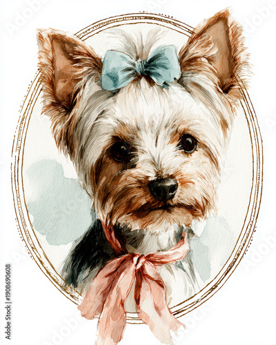 Watercolor puppy head in vintage frame with teal bow, hand-painted pet illustration