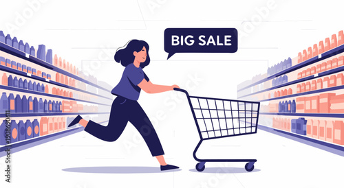 Big Sale Vector Illustration of a Woman Shopping with a Cart in a Supermarket Aisle, Exciting Shopping Spree