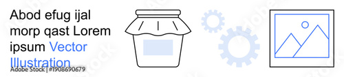 Food packaging, digital tools, automation, creative projects, design elements, placeholders. Jar with label, gears and framed mountain photo. Food packaging and digital tools concept
