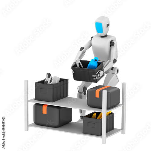 Humanoid robot in a modern warehouse, placing a box of spare parts onto a shelf. Friendly industrial automation concept with clean details, smooth surfaces, 3d render